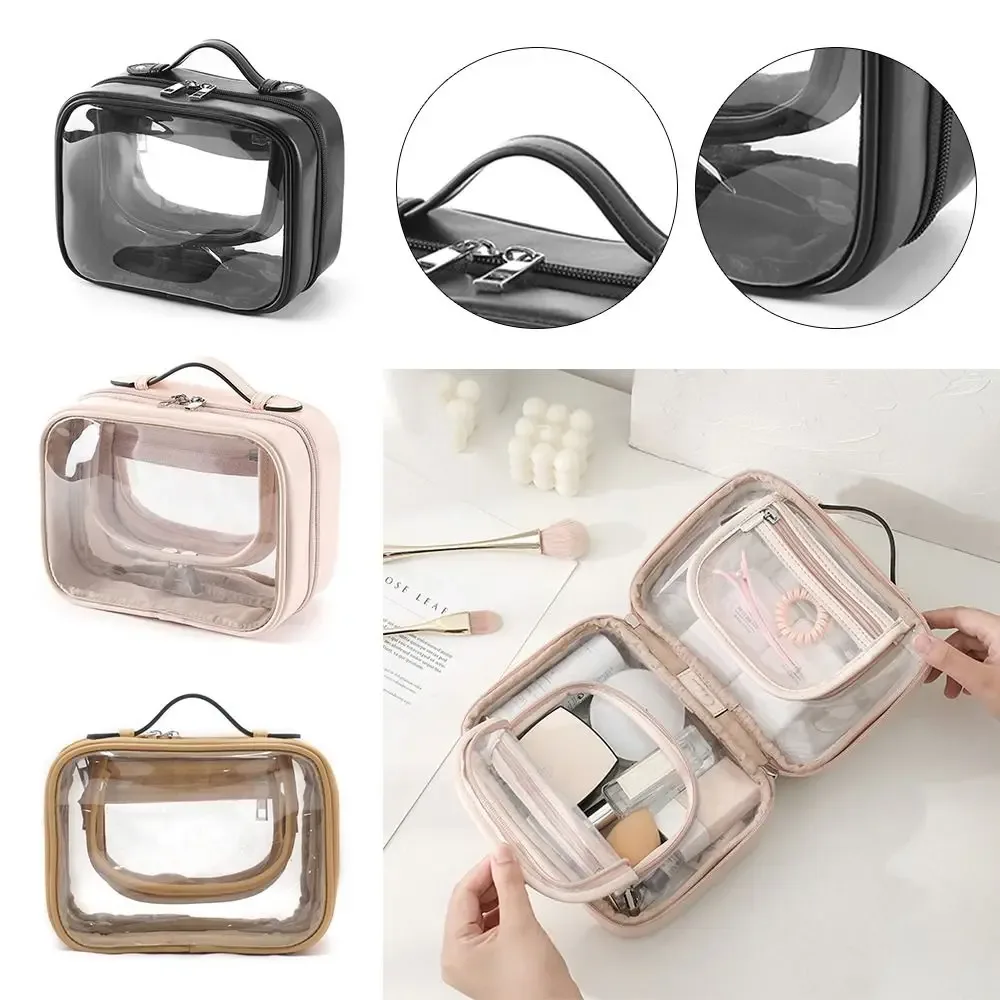 sacs de maquillage transparents double couche de grande capacité, sac à cosmétiques transparent à fermeture éclair, rangement de brosses de maquillage, sacs de toilette de voyage