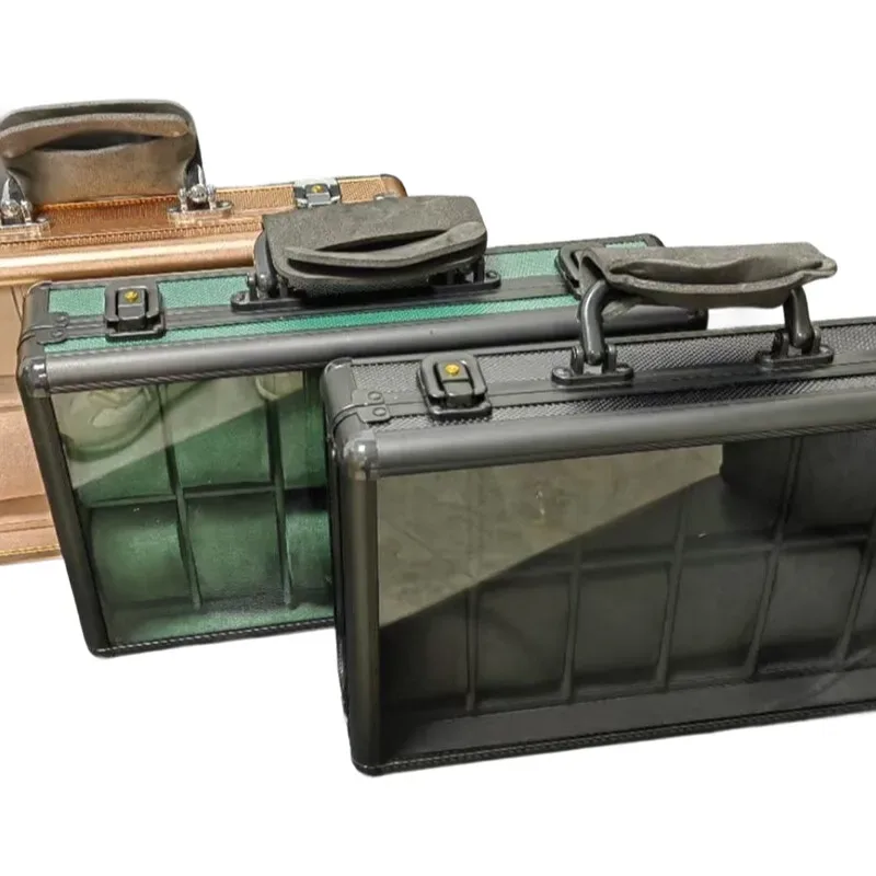 boîte de rangement de bijoux en aluminium à 12 fentes avec fenêtre, organisateur de boîtier de montre de luxe à lumière supérieure transparente pour porte-documents de montres
