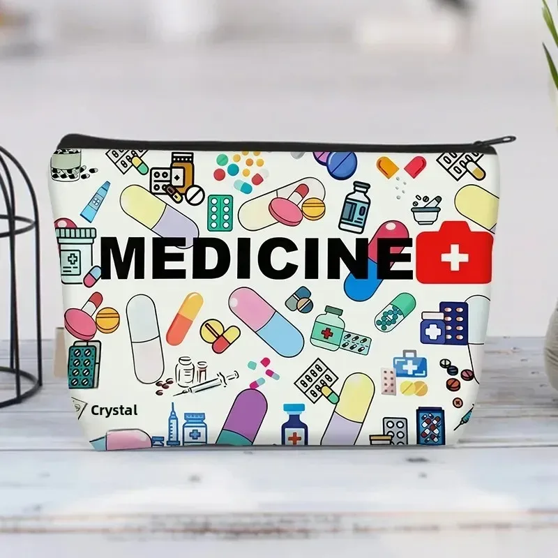 sac de rangement de pilules multifonctionnel, sac de rangement de médicaments à fermeture éclair de voyage avec les idées essentielles des allergies et de l'asthme, icônes colorées sur sac noir