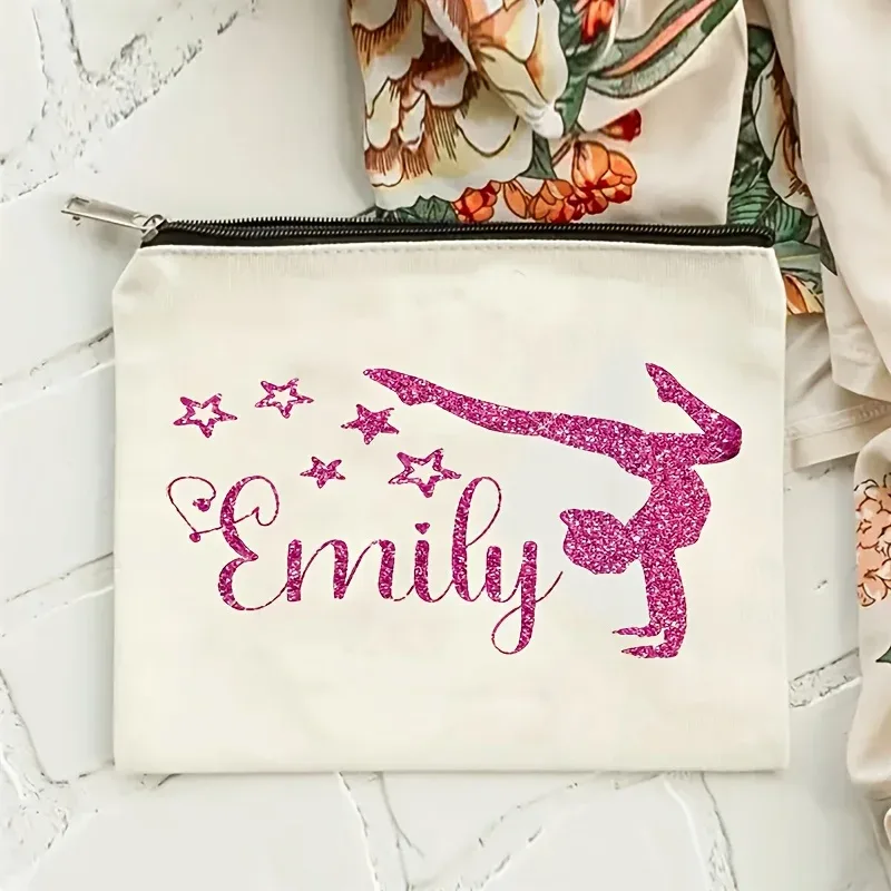 sac de maquillage personnalisé isabellasparkling pour gymnastique, design silhouette de gymnaste scintillante, pochette cosmétique à fermeture éclair, cadeau idéal pour le sport