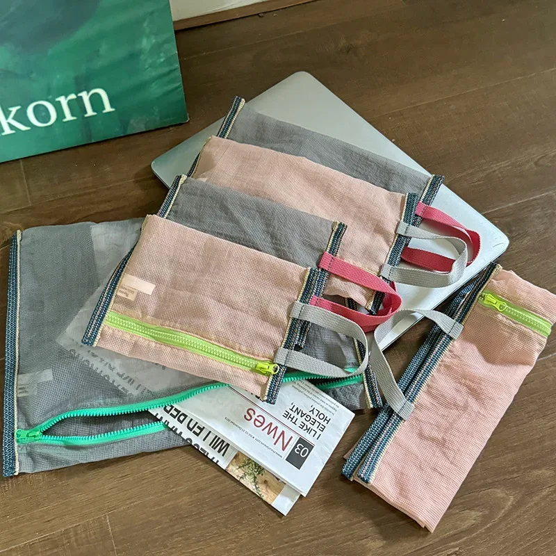 sac de rangement en nylon à maille translucide, sac d'identité, billet de voyage, ligne de données, rangement de stylos, sac à cosmétiques portable mince et pliable, trousse à crayons