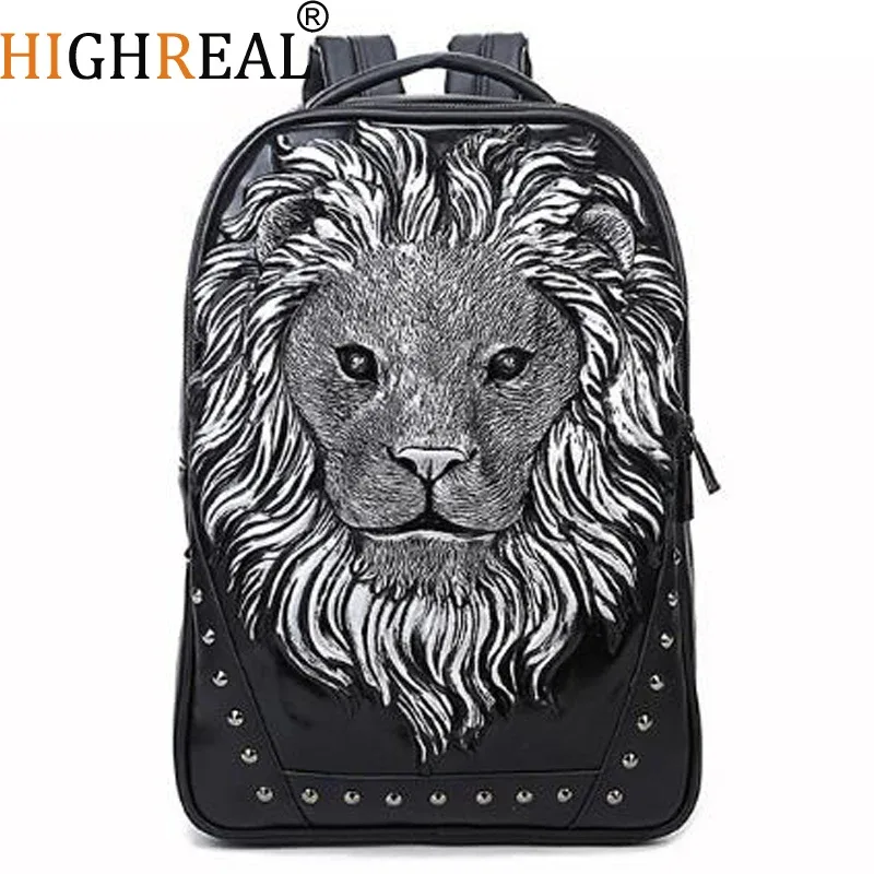 Sac à dos tendance pour femmes et hommes, sac à dos avec impression 3D Lion Rivet, sacs d'école pour adolescentes, sac de voyage