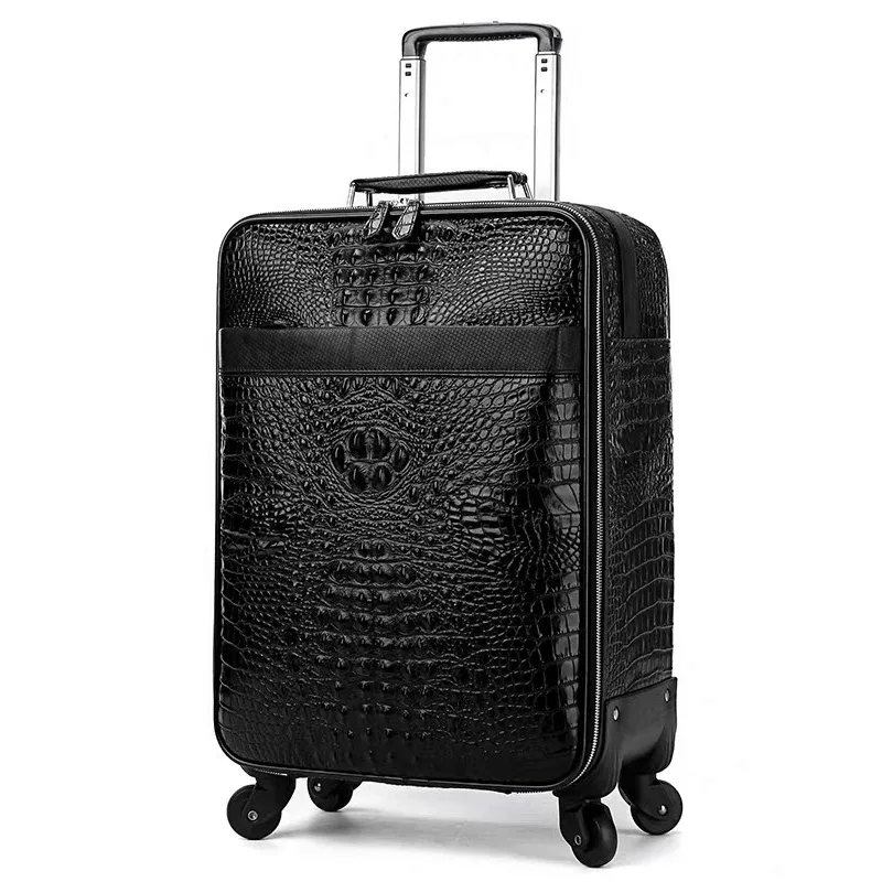 valise de voyage 100% cuir véritable avec sac à main, en cuir de vachette, à roulettes universelles, motif crocodile, 20 pouces, pour homme
