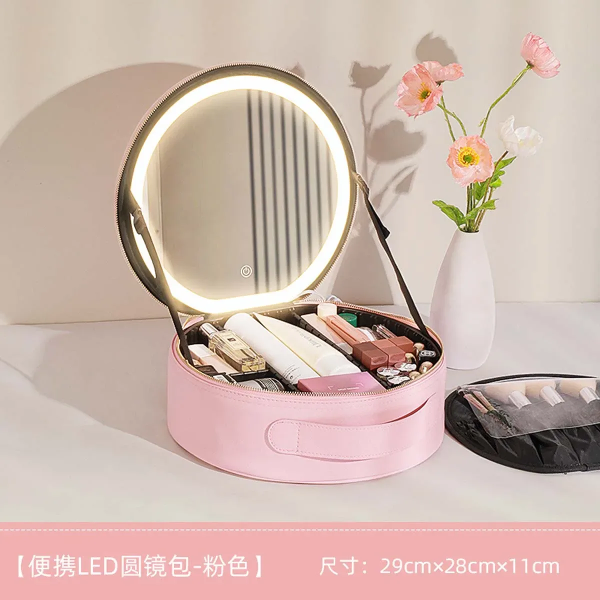 sac à cosmétiques circulaire avec lumière led miroir, sac de rangement de cosmétiques portable de grande capacité pour voyages d'affaires, étui à cosmétiques