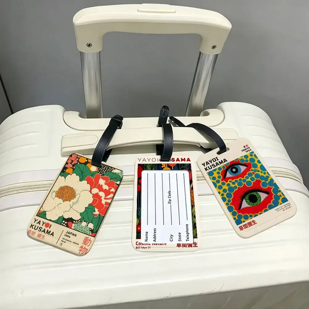 étiquette de bagage en pvc imperméable, motif exposition d'art yayoi kusama, avec carte d'information anti-perte, pour sac d'étudiant et valise de voyage