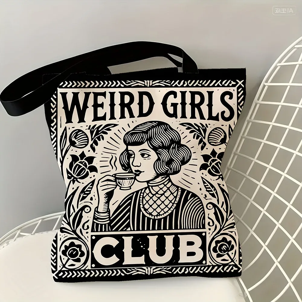 Sac fourre-tout Weird Girls Club, design floral noir et blanc élégant, sac à bandoulière pour usage quotidien décontracté, cadeau de Noël idéal pour les meilleures amies.