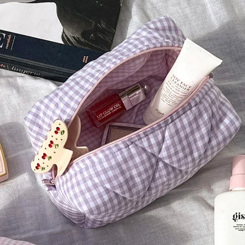 sac de maquillage à fleurs à carreaux, sac de rangement de cosmétiques portable de grande capacité, sac de lavage matelassé en coton, pochette de soins de la peau