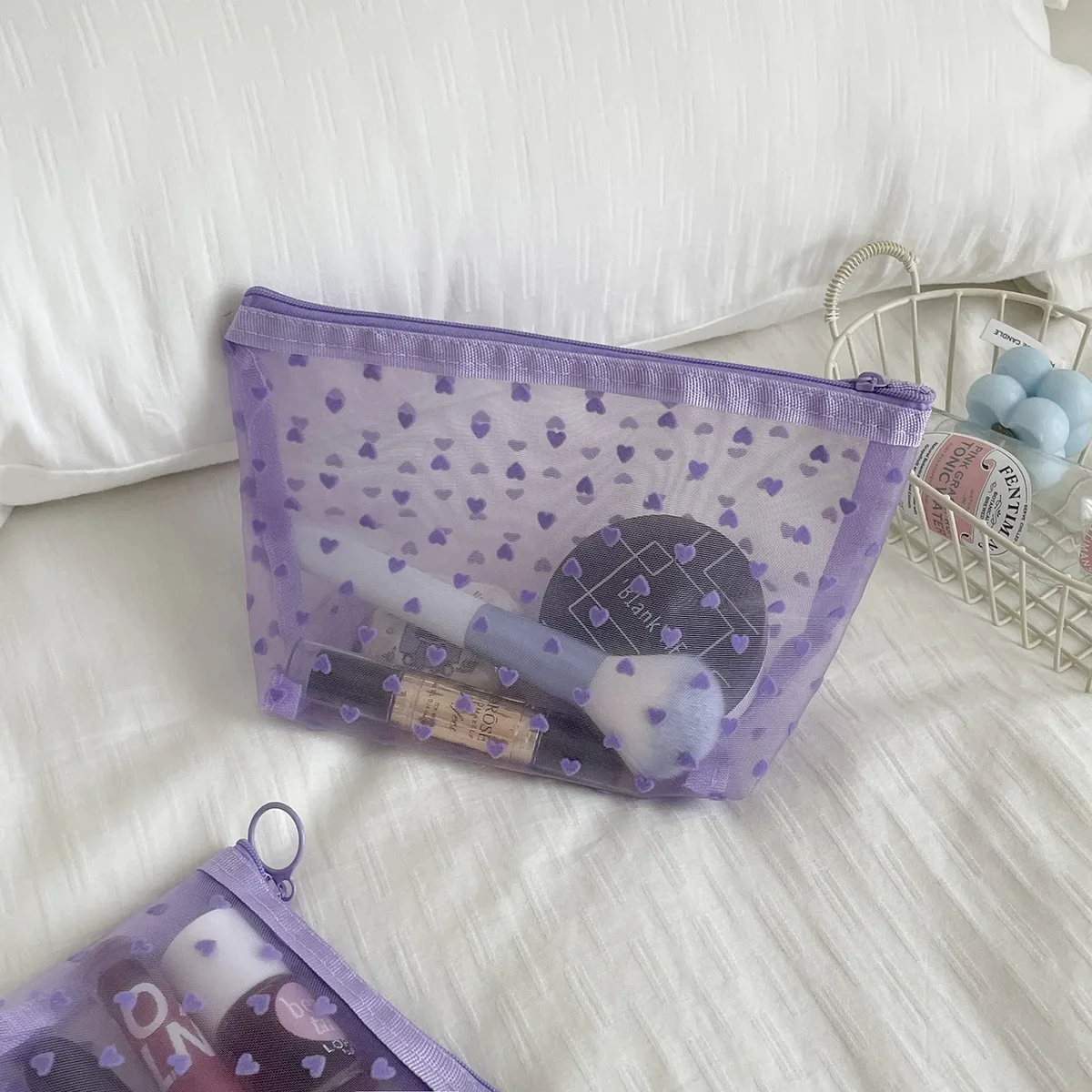trousse de maquillage en maille de velours violet, trousses à cosmétiques, poudres de maquillage, sacs de rangement transparents, trousse d'évaluation de maquillage, trousse de toilette