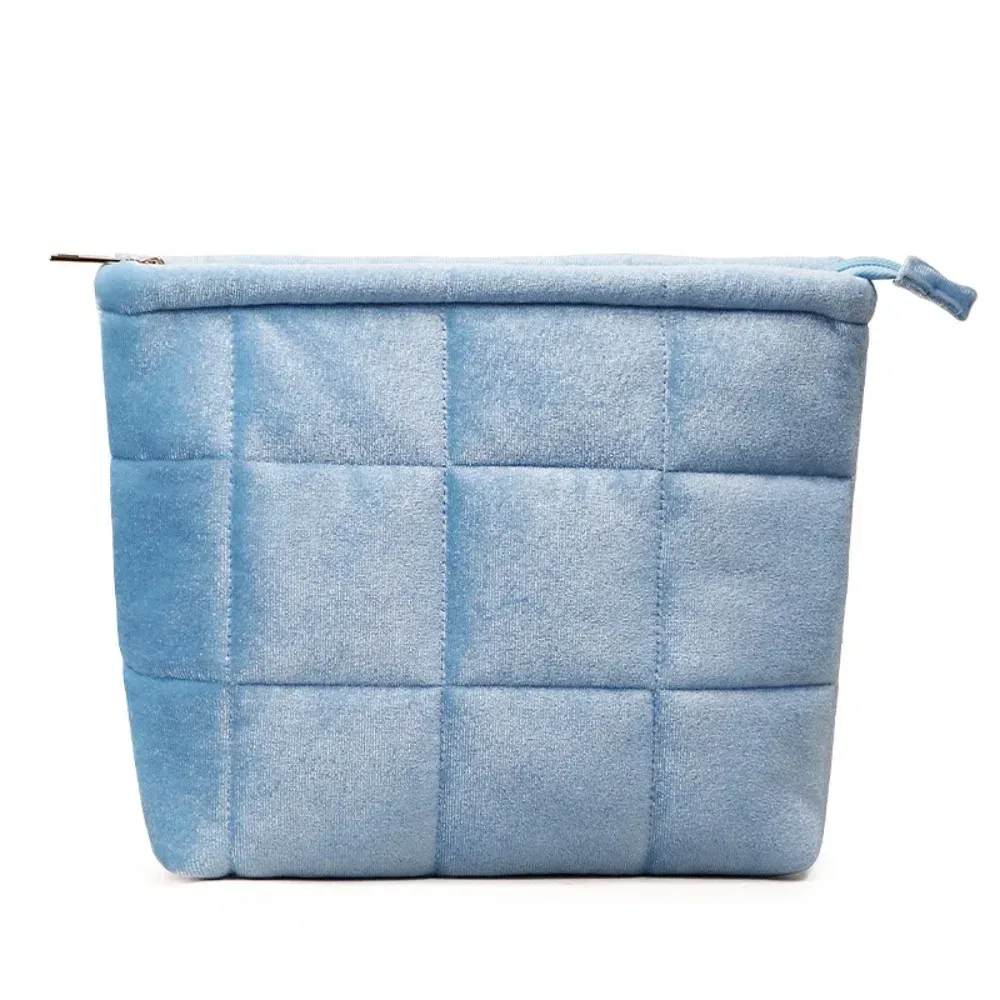 sac à cosmétiques portable en velours, sac de rangement matelassé à fermeture éclair de couleur unie, trousse de toilette de voyage légère de grande capacité