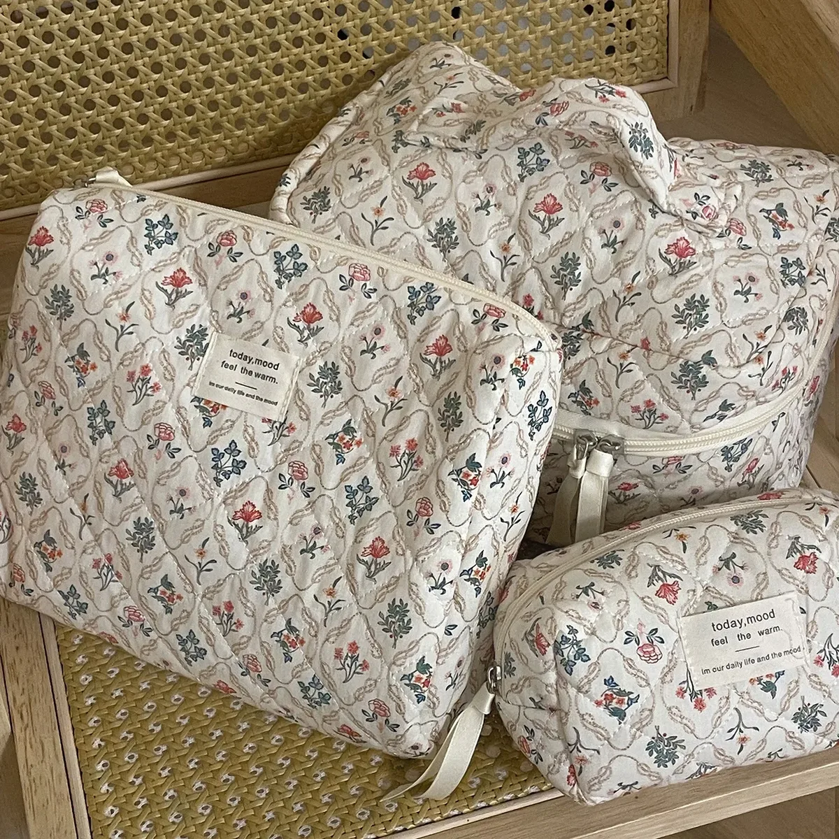 trousse de maquillage matelassurera en coton pour femme, trousse de toilette portable pour fille, sac à main à fermeture éclair pour femme, trousse cosmétique, évaluation, gril, 3 pièces