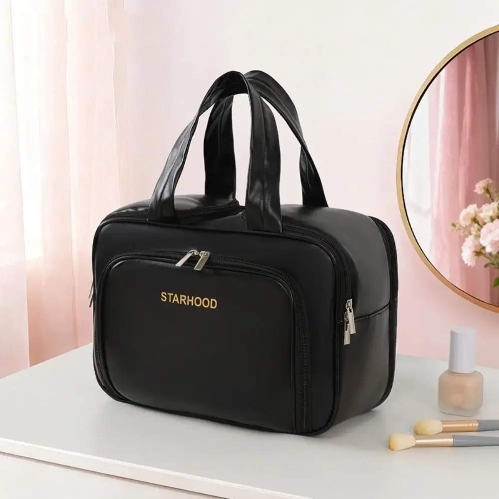 trousse de toilette de voyage grande capacité en pu, avec poignée et double fermeture éclair, organiseur de maquillage pour femme