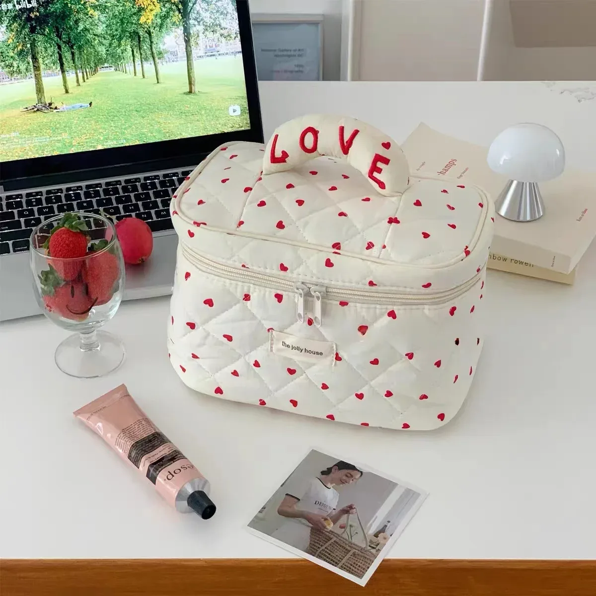 sac à main de maquillage en coton matelassé pour femmes, trousse de toilette portable, forme de boîte, fermeture éclair, évaluation cosmétique, femme, fille, mignon