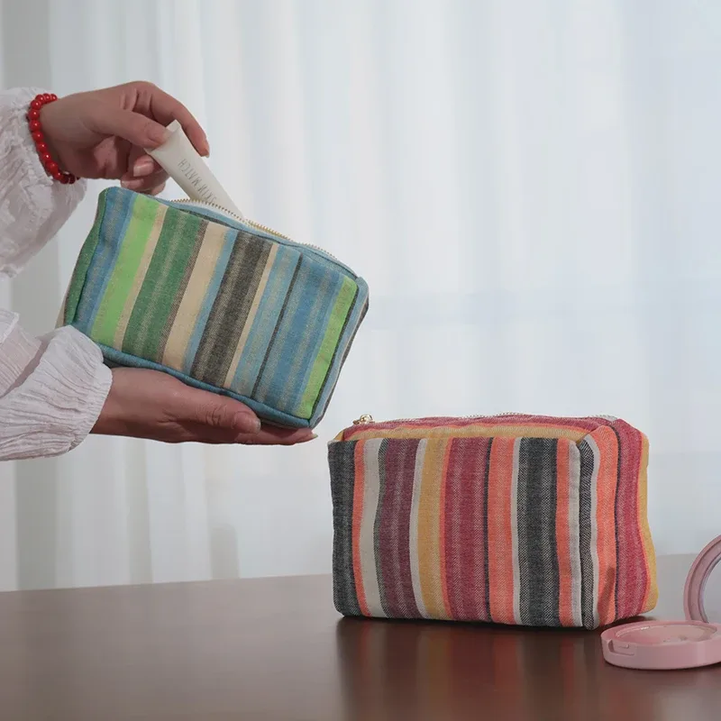 sac de maquillage rayé en toile pour femmes, pochette à cosmétiques décontractée, organisateur de voyage, grand rangement pour les vacances, usage quotidien, léger et durable