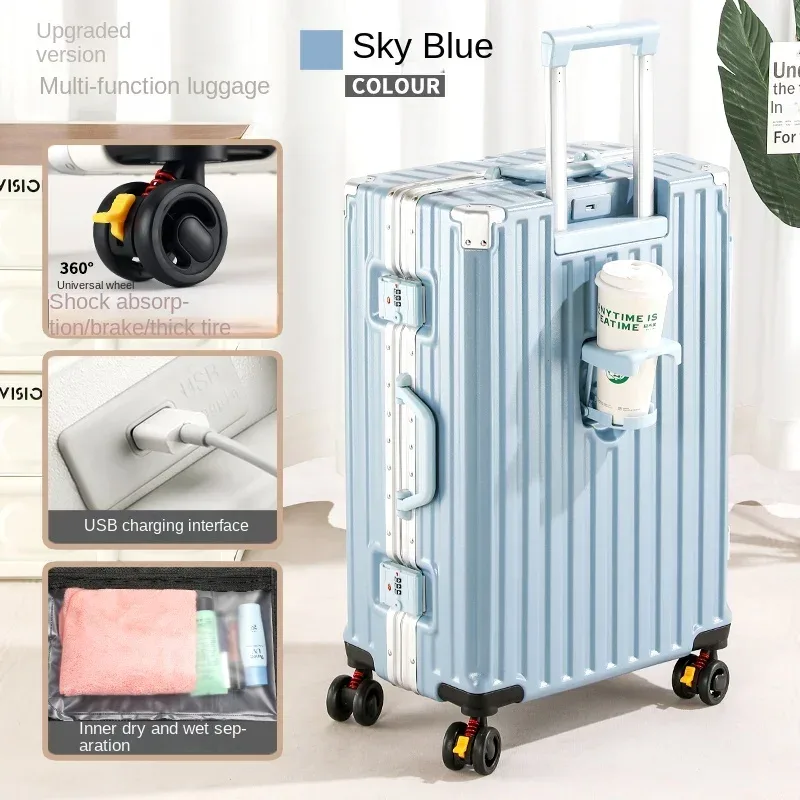 valise de voyage multifonction avec frein à roue, chargement usb, cadre en aluminium, pour hommes et femmes, bagage cabine