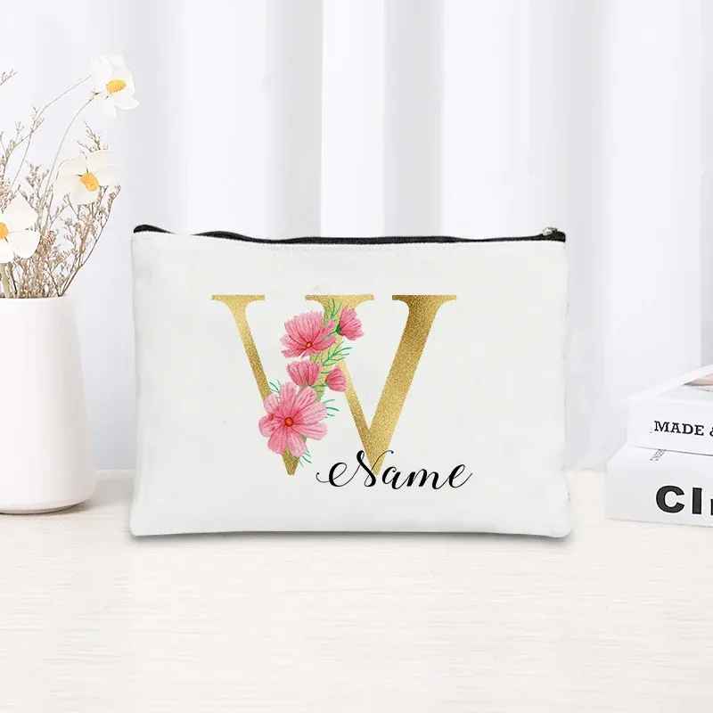 grande pochette zippée à motif floral rose et initiales dorées, organisateur d'essentiels de voyage en toile, trousse de maquillage pour enterrement de vie de jeune fille avec sac personnalisé avec nom.