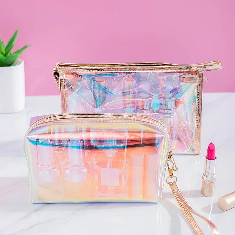 sacs de maquillage transparents, jolie mode, sac à cosmétiques de voyage laser, sacs à brosses de toilette, organisateur, étui nécessaire, boîte de maquillage de lavage