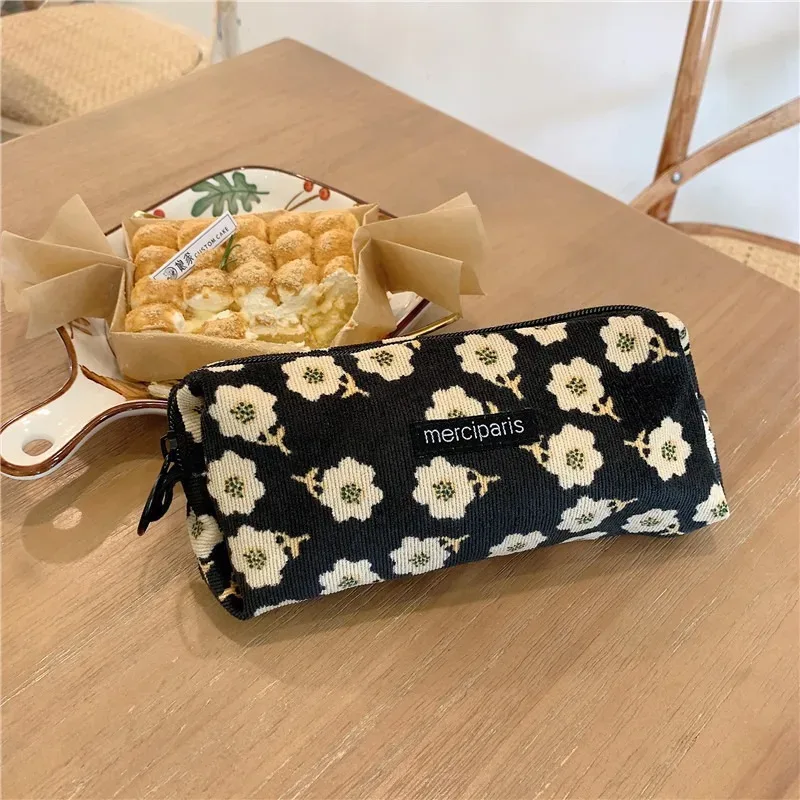 trousse à crayons en velours côtelé, joli sac de rangement portable de voyage pour rouge à lèvres cosmétique, stylo de papeterie, sac de maquillage, organisateur de sac à main