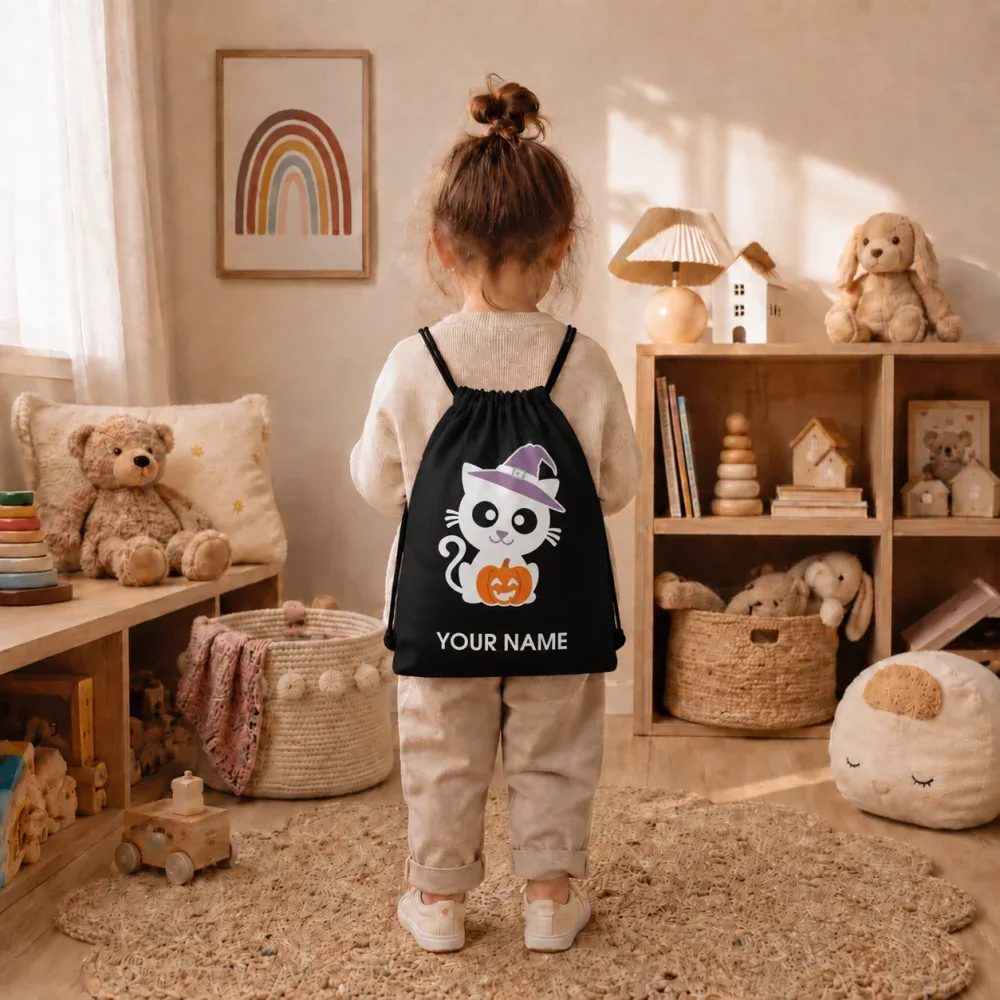 sac à cordon personnalisé avec nom, motif chat d'halloween, chapeau de sorcière, citrouille, sac à trucs ou fripes pour enfants, sac à dos 34x41cm