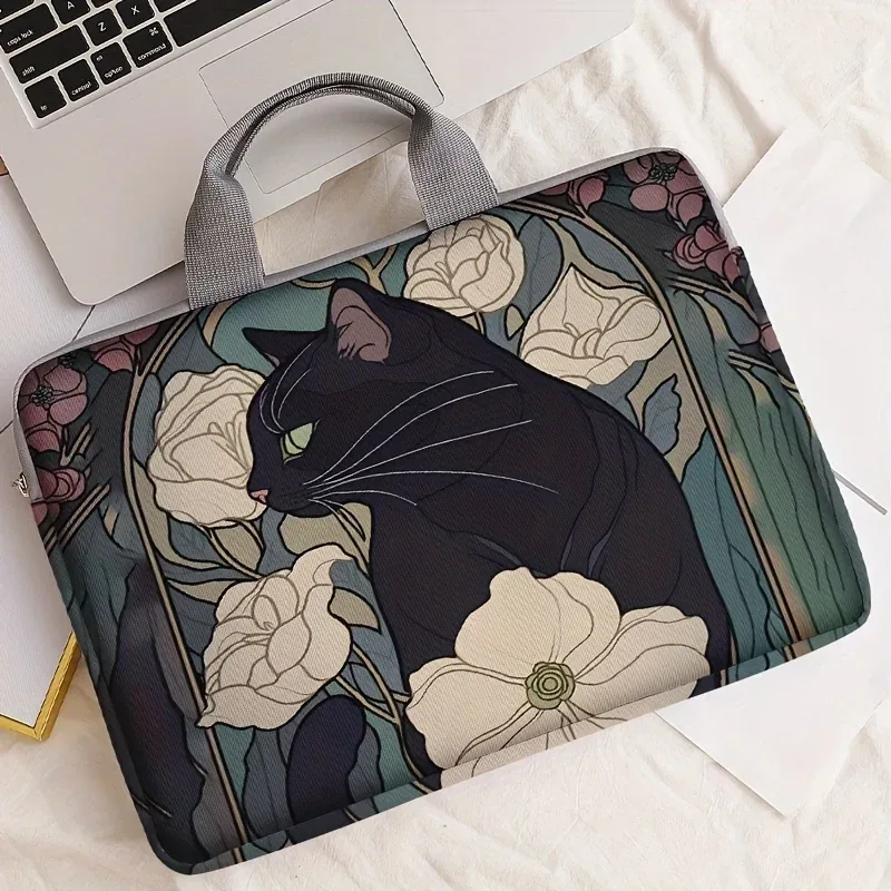 1 pièce, deux styles, sac pour ordinateur portable imprimé motif camélia et chat noir, housse souple en tissu pour ordinateur portable, convient aux ordinateurs portables de 14 pouces