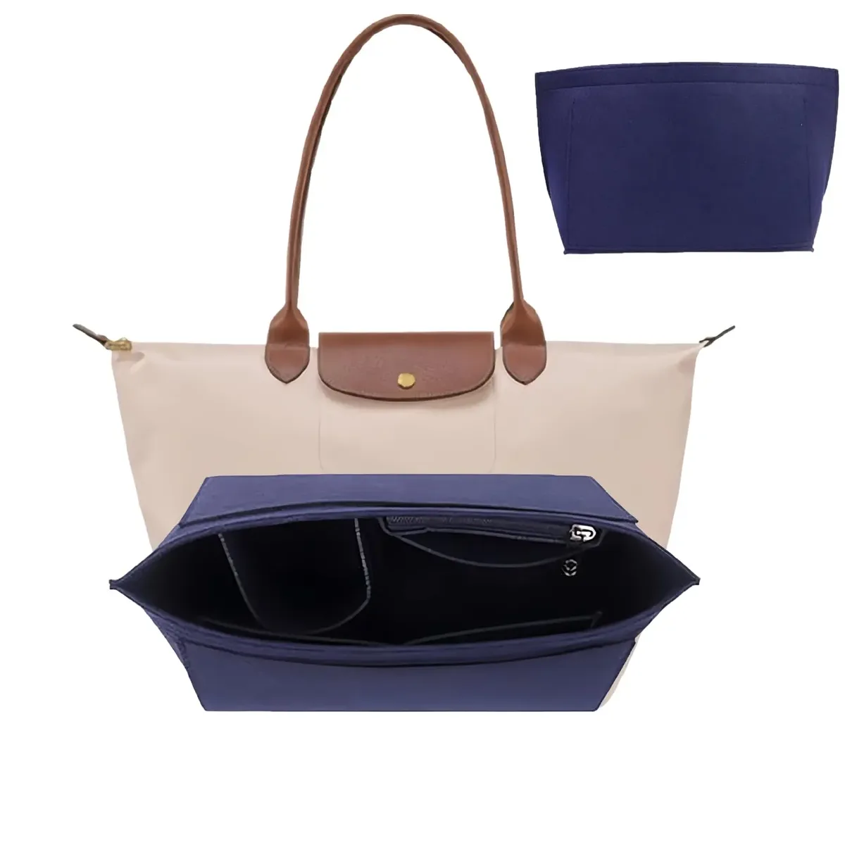 felt crescent-shaped organizer insert – 7-compartment foldable liner for structured handbags, multi-pocket storage, s/m/l