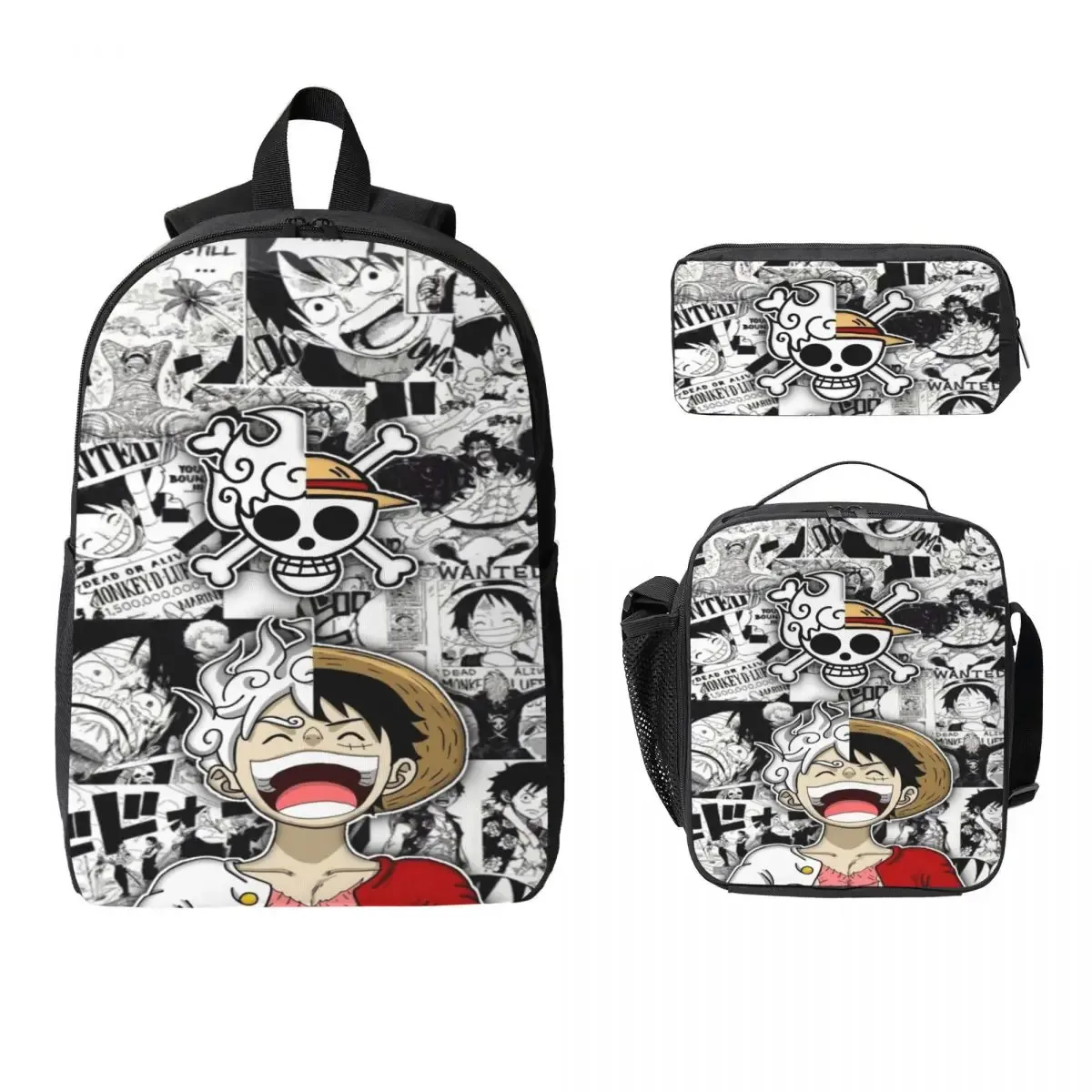 ensemble de 3 sacs à dos luffy one piece pour enfants, avec trousse à crayons, sac à livres et boîte à lunch pour les élèves.