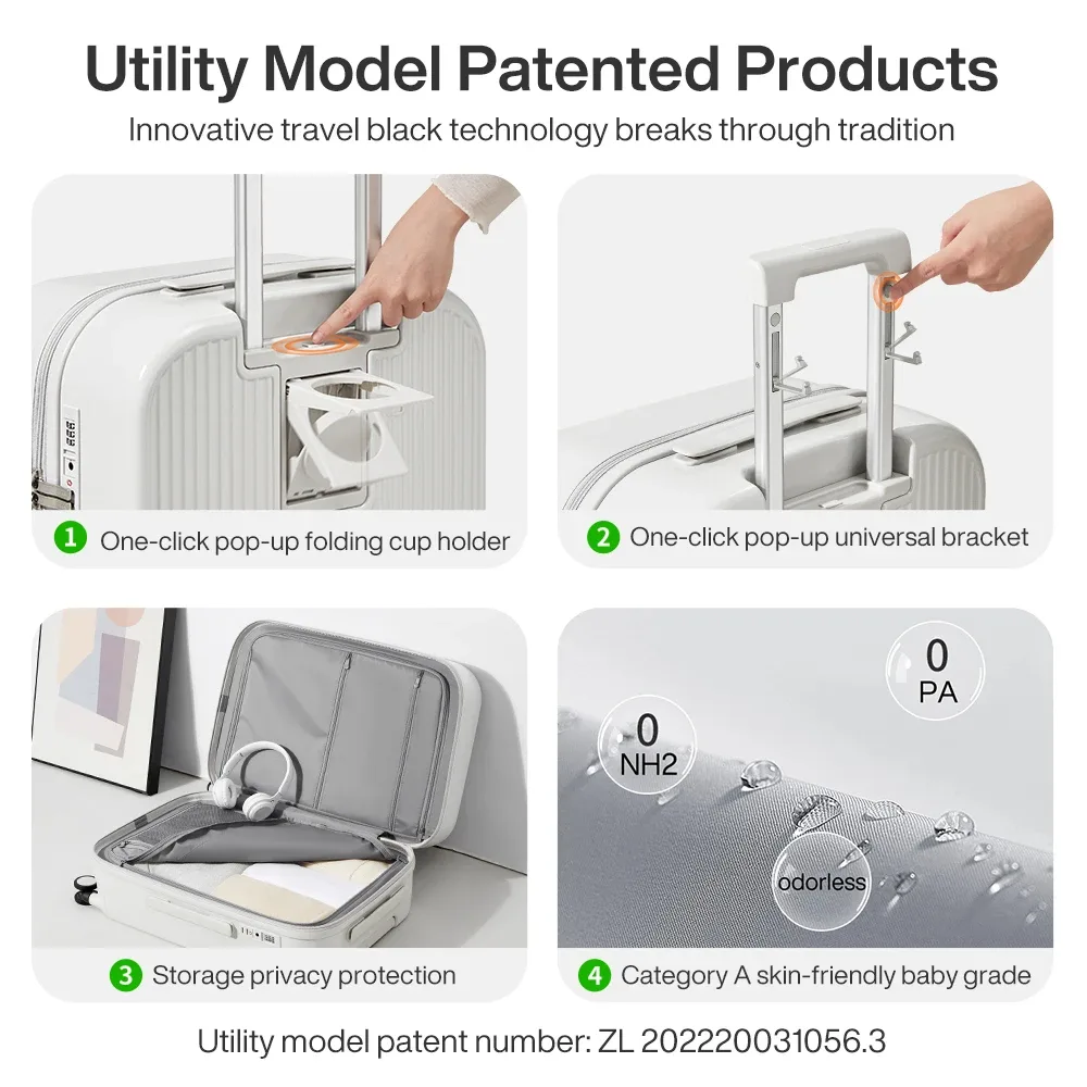 mixi nouveau design valise bagage à main avec tasse support pour téléphone coque rigide bagage roulant pc spin