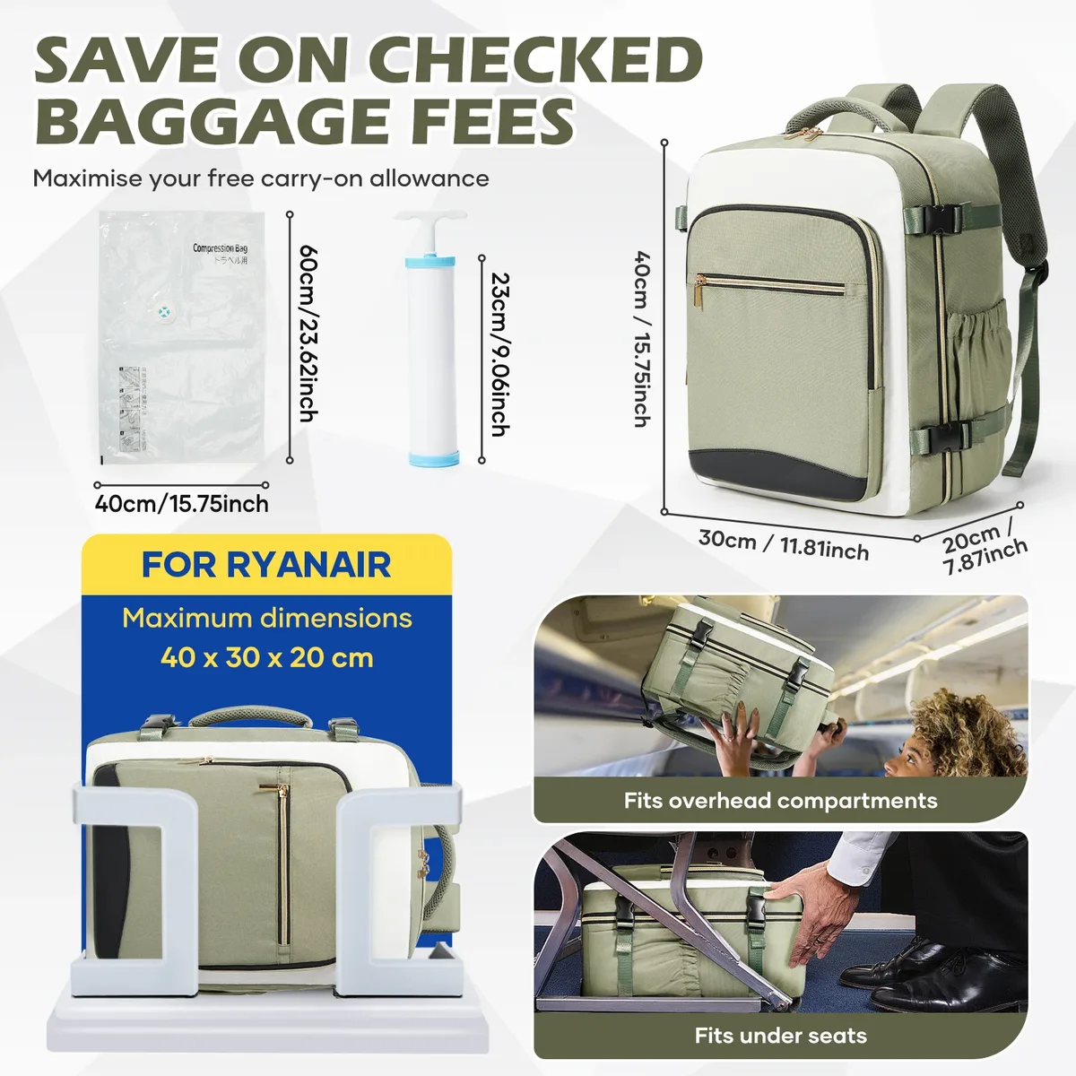 Sac de rangement sous vide, sac à dos de voyage Ryanair 40x30x20, sac à dos pour bagages à main, sac à dos pour hommes et femmes, sac à dos pour ordinateur portable, sac à dos d'école