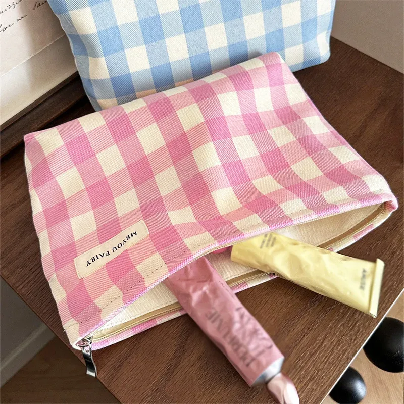 nouvelle trousse de toilette rose et bleue à carreaux, souple, pliable, grande capacité, sac cosmétique à motif écossais, pochette de rangement de maquillage de voyage, portable avec fermeture éclair
