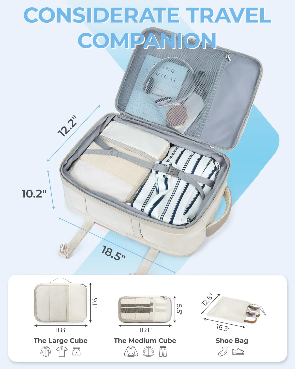 bagsmart-sac à dos pour ordinateur portable 17 en effet, cabine de voyage, sac à dos de transport extensible de 40l avec sac à chaussures, sac à dos féminin étanche, 4 pièces