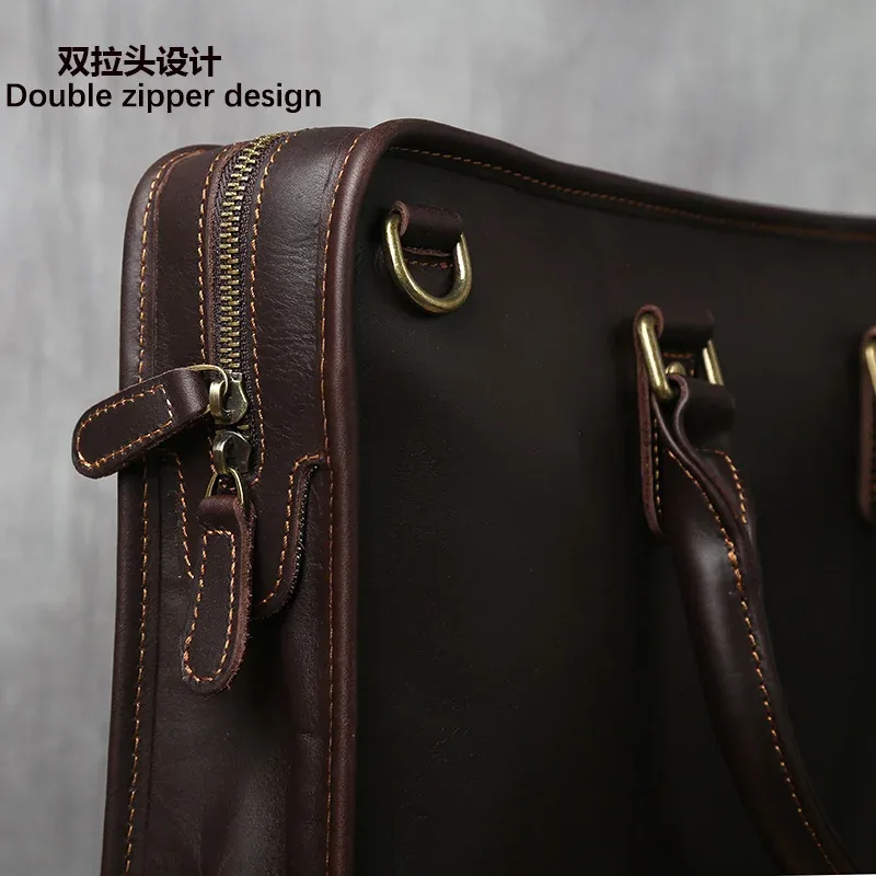 nzpj rétro hommes porte-documents en cuir pochette d'ordinateur couche supérieure en peau de vache sac à main décontracté 14 pouces sac à bandoulière d'affaires sac de messager