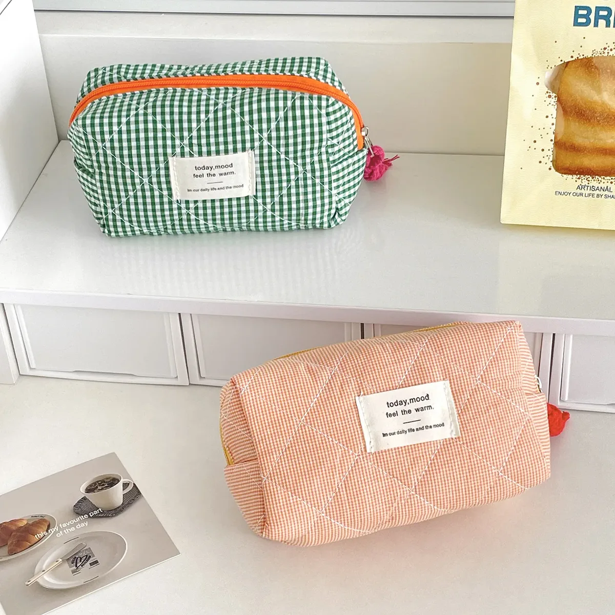 porte-monnaie à carreaux matelassés pour femmes, porte-crayon pour documents d'abonnés, petit sac de rangement imprimé lettre, sacs à cosmétiques pour filles, pochette femme