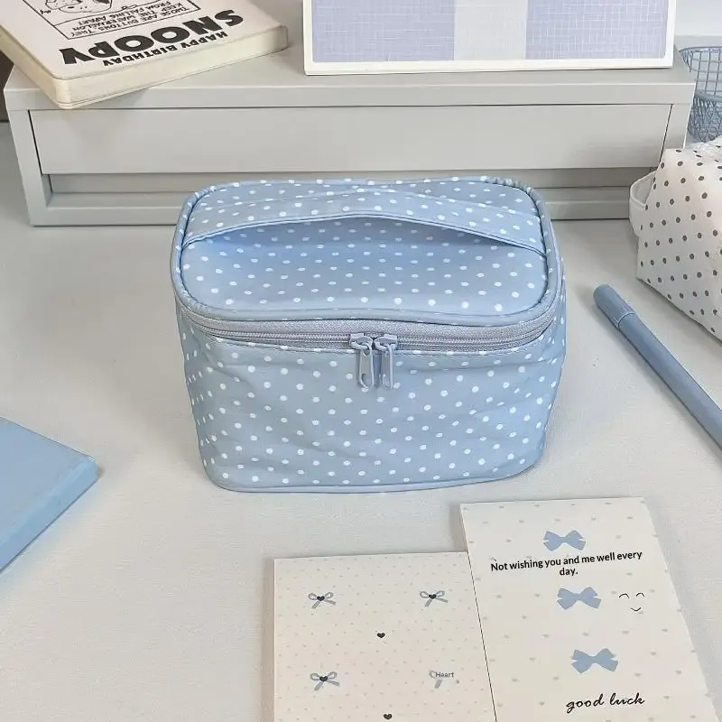 sac de rangement à motifs de points, trousse à crayons portable de grande capacité, trousse à cosmétiques à double fermeture éclair