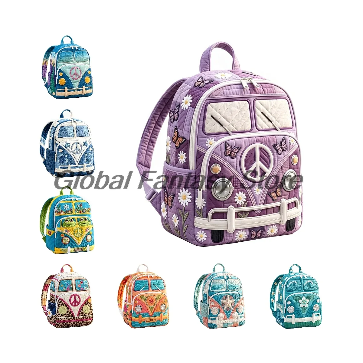 sac à dos matelassé hippie van avec imprimé vintage signe de paix, sac de voyage pour femmes et hommes, sac à 