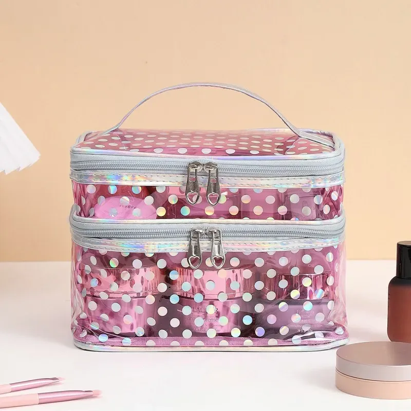 Trousse de maquillage double couche en PVC transparent à pois, trousse de maquillage multifonctionnelle portable et étanche, grande capacité, rangement de voyage