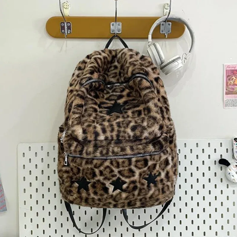 sac à dos moelleux imprimé léopard pour femmes, sac de voyage mignon et doux, sac à bandoulière décontracté à plusieurs poches, sac d'école de grande capacité