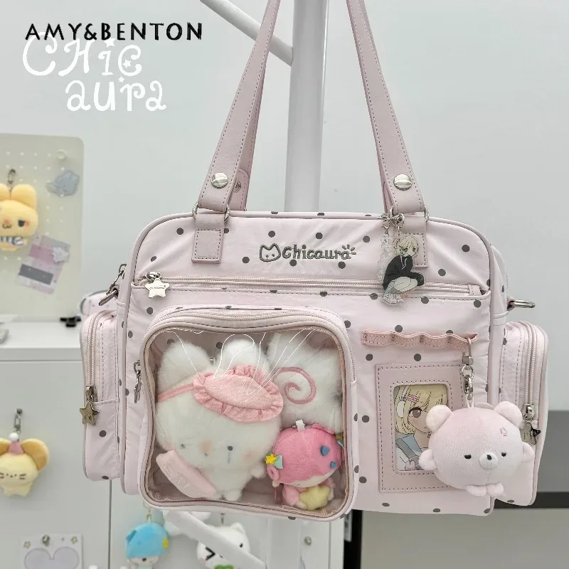 sac à bandoulière polyvalent grande capacité pour femme, motif pois, style gothique bidimensionnel, sac messager tendance