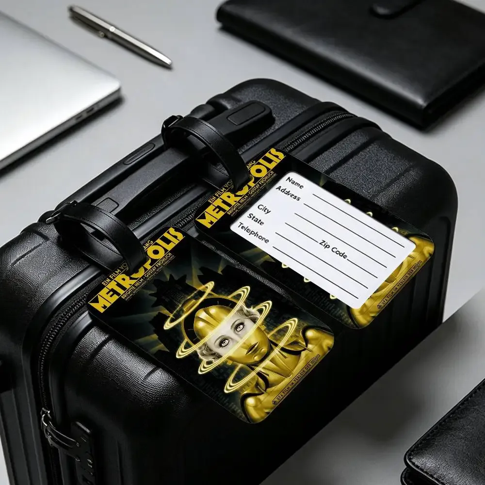 étiquette de bagage en pvc légère anti-perte, style rétro années 80, inspirée du film metropolis (allemagne), avec pochette amovible pour carte d'information, pour sac à dos