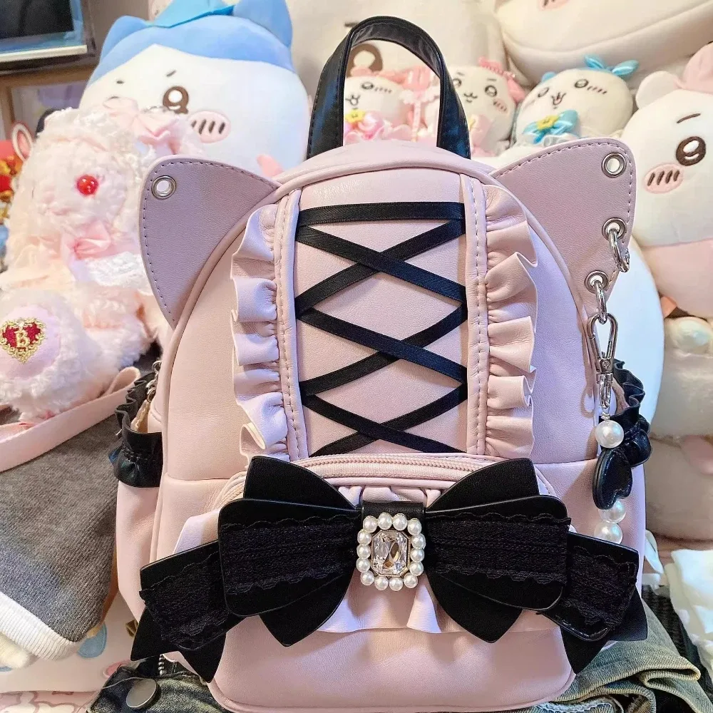 mode coréenne y2k punk sac à dos dentelle arc chat oreille lotus dentelle décoration lolita sac à dos en cuir pu grande capacité femmes sac à dos