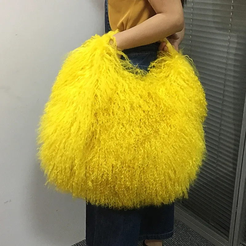 sac à main de luxe en véritable fourrure d'agneau de mongolie, sac boston en cuir véritable doux et moelleux, sac à bandoulière pour femme, style hobo, sacs duveteux et moelleux