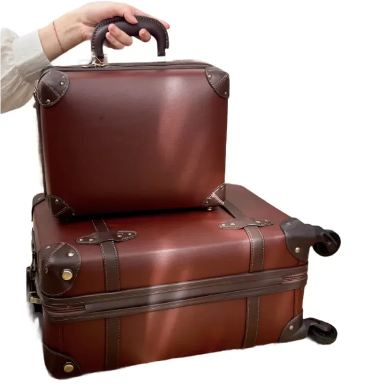 bagage à main rétro léger en cuir, petit boîtier de chariot avec 360 ° valise de voyage spinner wheels & tsa lock fashion design