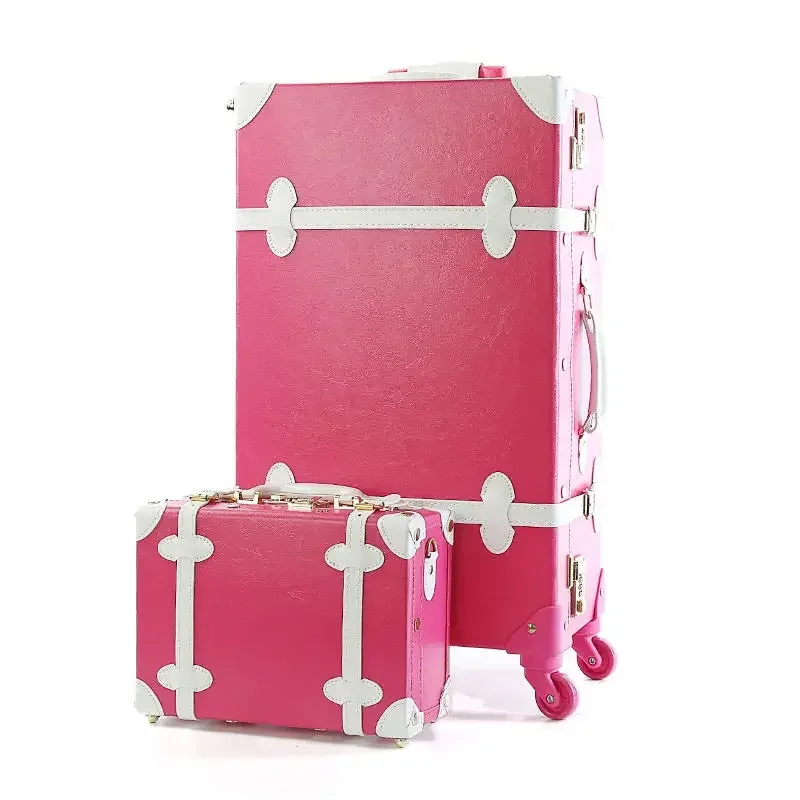 valise à roulettes en cuir pu rétro pour filles, bagage à main, cabine rose, ensemble de bagages de voyage pour femme, 20 po, 2 pièces