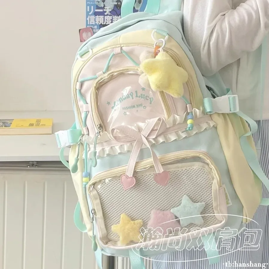sac à dos itabag transparent macaron à couleurs contrastées, cinq couleurs, décor étoile mignon, en nylon, grande capacité, pour fille, usage quotidien et scolaire