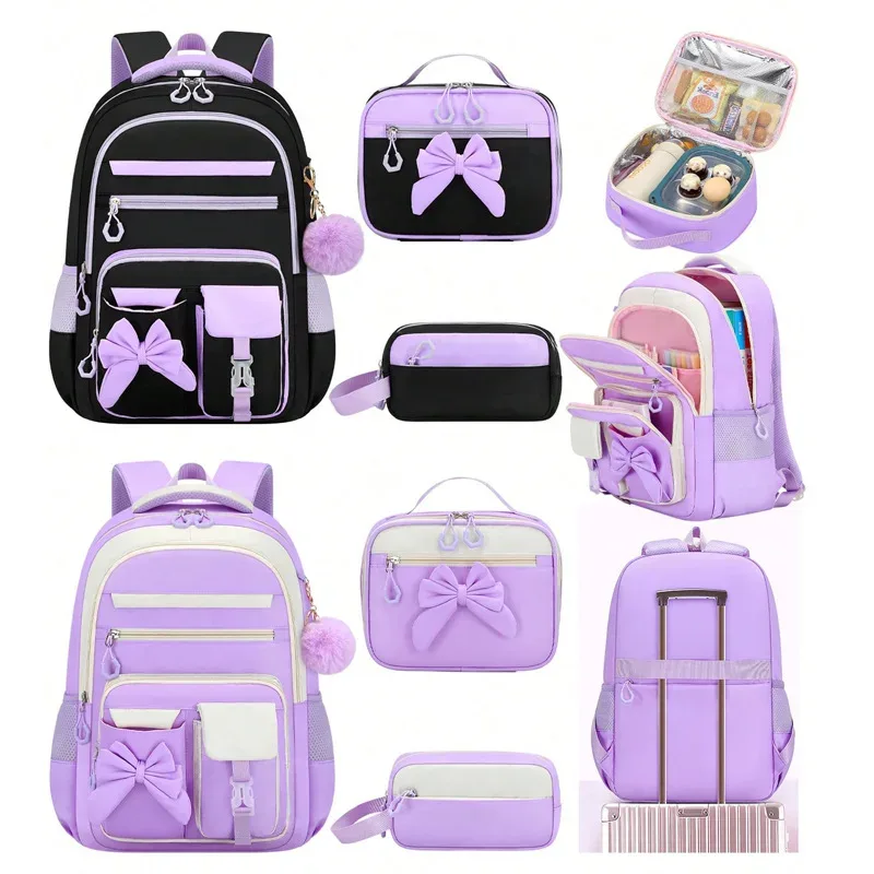 ensemble de 3 sacs à dos scolaires élémentaires grande capacité mignons pour jeunes filles du collège avec trousse et boîte à lunch