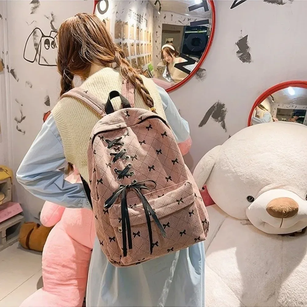 sac à dos en velours côtelé grande capacité avec nœud, léger, style coréen, sac à nœud, bretelles réglables, sac à double épaule pour étudiants