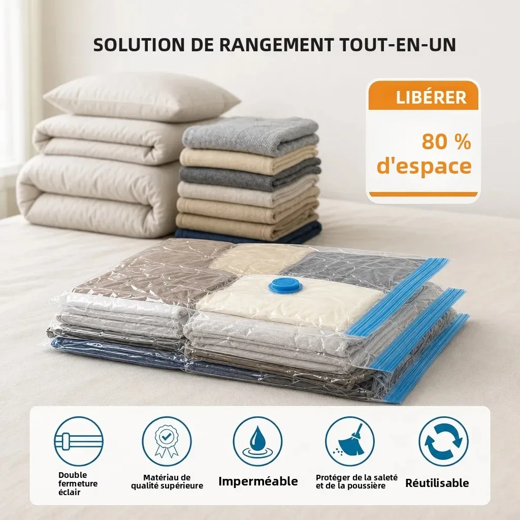 sac sous vide pour vêtements et couette, sacs de compression économiseurs d'espace, transparent étanche à l'air réutilisable avec pompe manuelle, organisateur de voyage pour valise, tailles 40x60 50x70 60x80 80x100