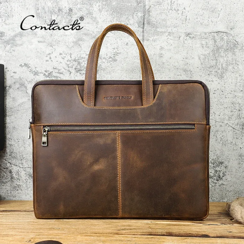 CONTACT'S hommes Crazy Horse cuir sac à main décontracté pochette d'ordinateur pour 15 "16" voyage d'affaires hommes fourre-tout sacs marque Design porte-documents