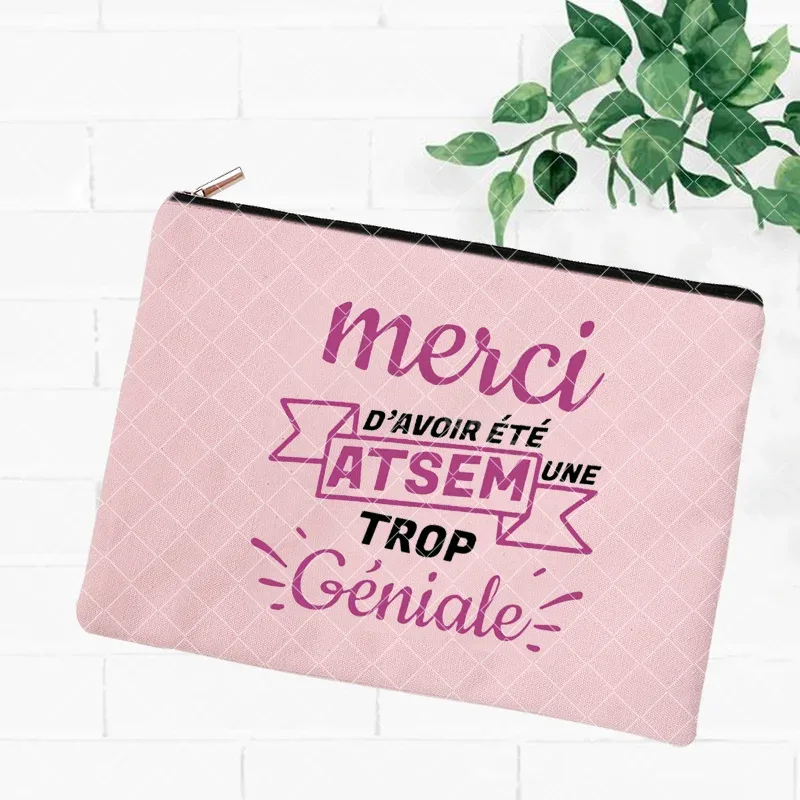 merci atsem – trousse de maquillage imprimée française, grande trousse à crayons, fournitures de papeterie scolaire, sac de rangement, pochette de lavage de voyage, cadeaux pour atsem