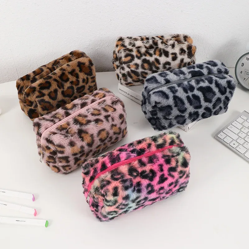 sac de rangement en peluche douce léopard pour femme, trousse de toilette, sac à main de maquillage, trousse à crayons, trousse de voyage, rouge à lèvres, brosse, cosmétiques, évaluateurs