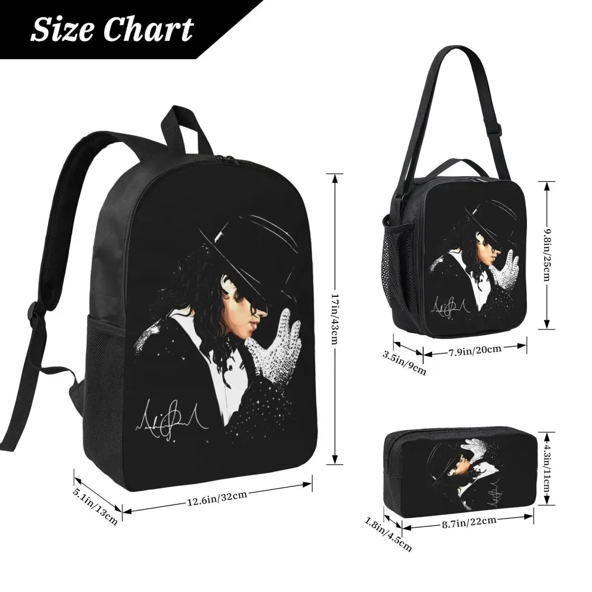 sac à dos mj king of pop vintage 90s styles glove graphic 3 pièces/ensemble pour garçons et filles, sacs en toile pour l'université, sac à déjeuner, trousse à crayons