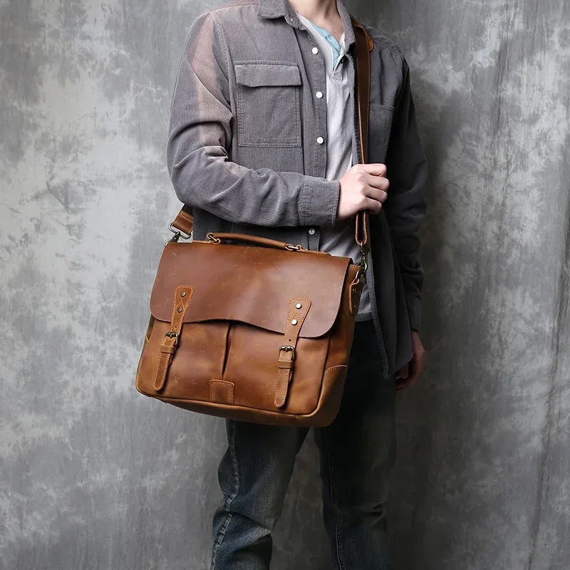 sac à main en cuir crazy horse rétro britannique, sac messager en cuir pour homme, sacoche de postier grande capacité, porte-documents en cuir baotou